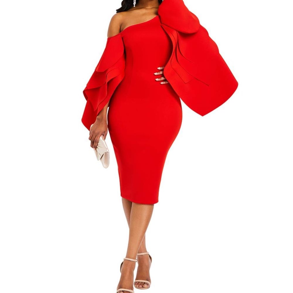 XL  Bodycon Long Sleeve Knee-Length Ruffle Sleeve Off Shoulder Evening Dress